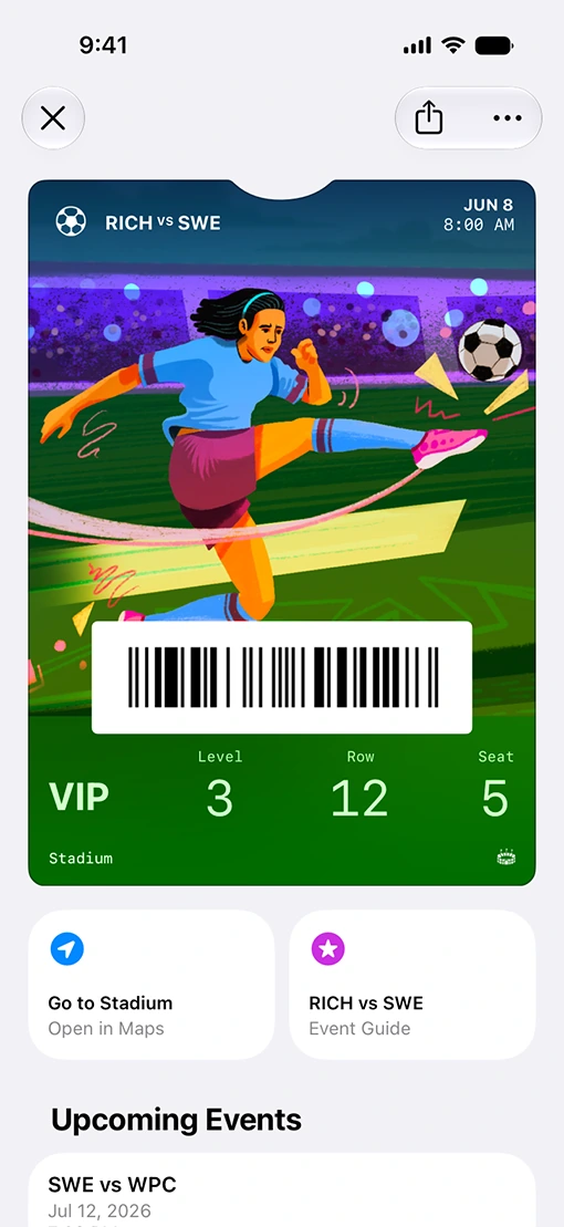 Apple Wallet showing a soccer event ticket and upcoming events